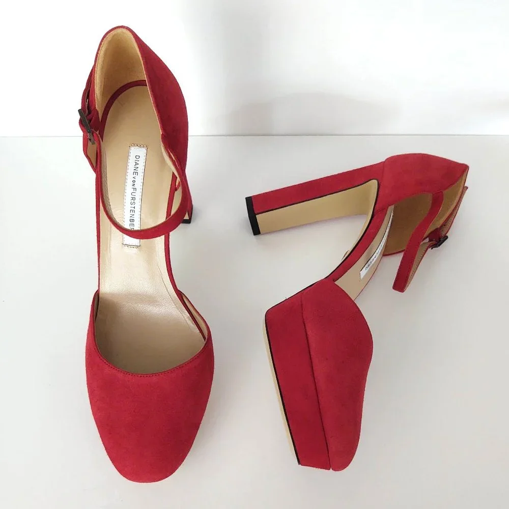 Crimson red suede ankle strap platform pump